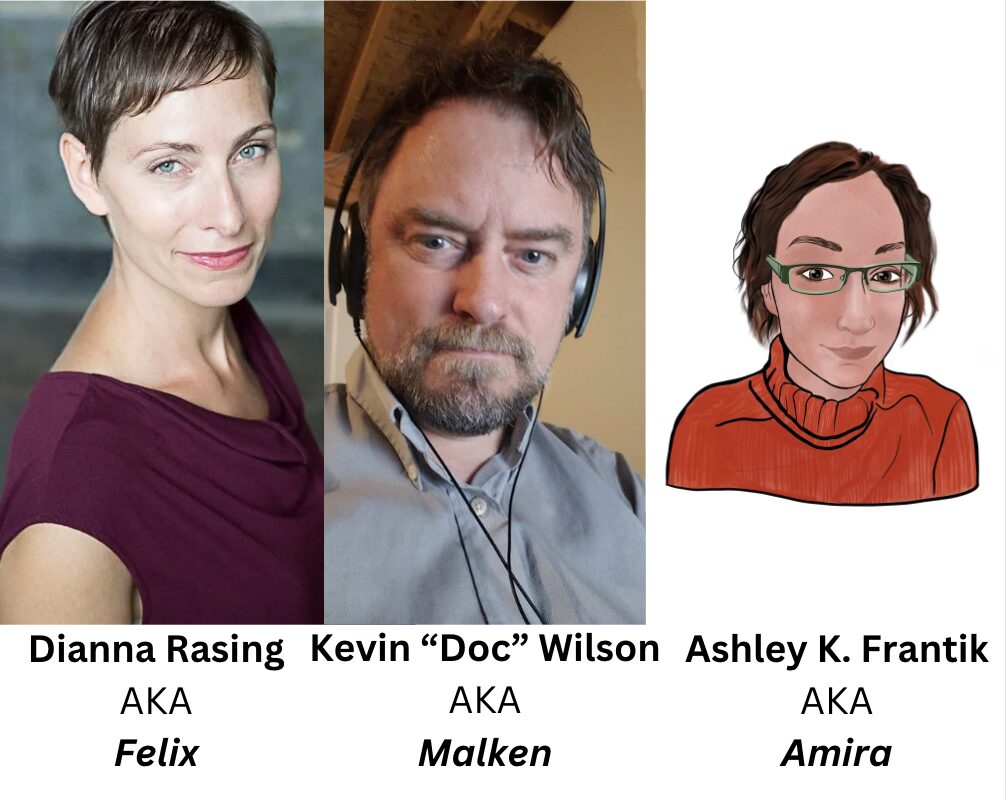Three portraits: a woman with short hair, a man with headphones, and a cartoon woman with glasses and a red sweater.