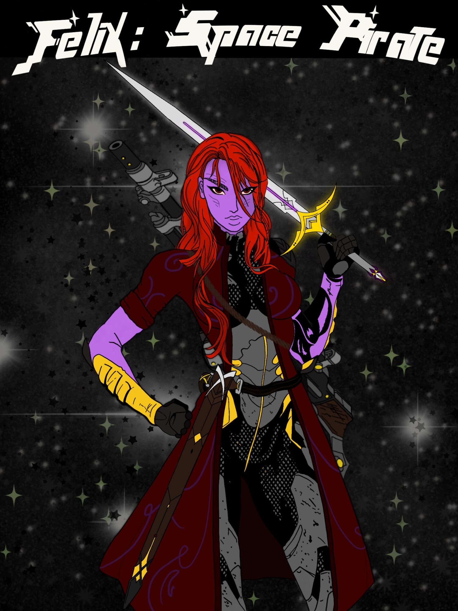 A purple-skinned woman with red hair in space, holding a sword, with stars and a spaceship in background.