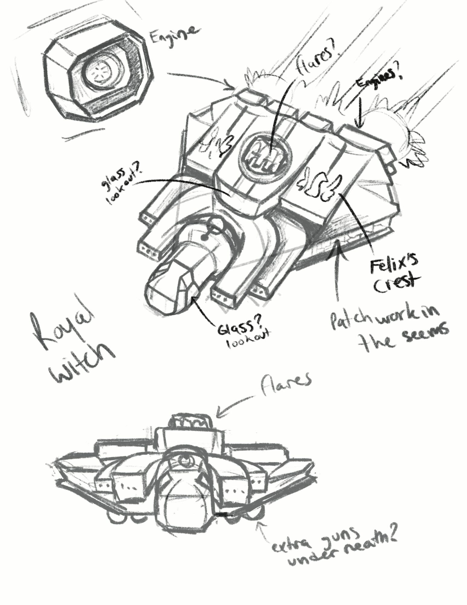 Sketch of a spaceship with labeled parts including engine, Felix's crest, glass, and wings, viewed from above. Handwritten notes are present.