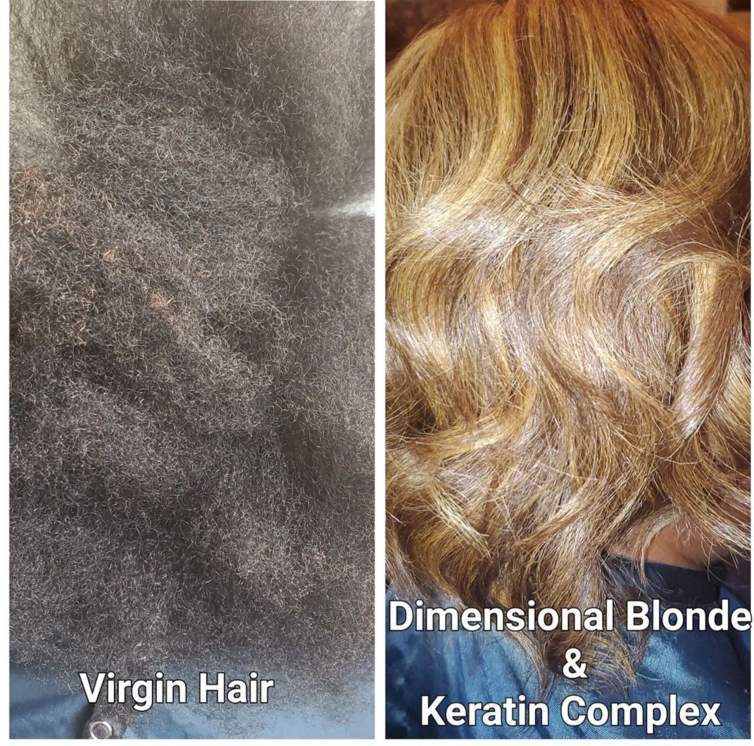 Side-by-side images of hair: left shows virgin hair, right shows dimensional blonde with keratin treatment.