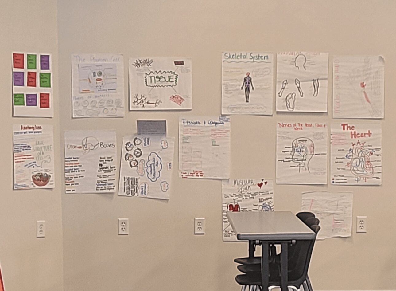 Wall with various posters and drawings, small table with two chairs in front, plain background.