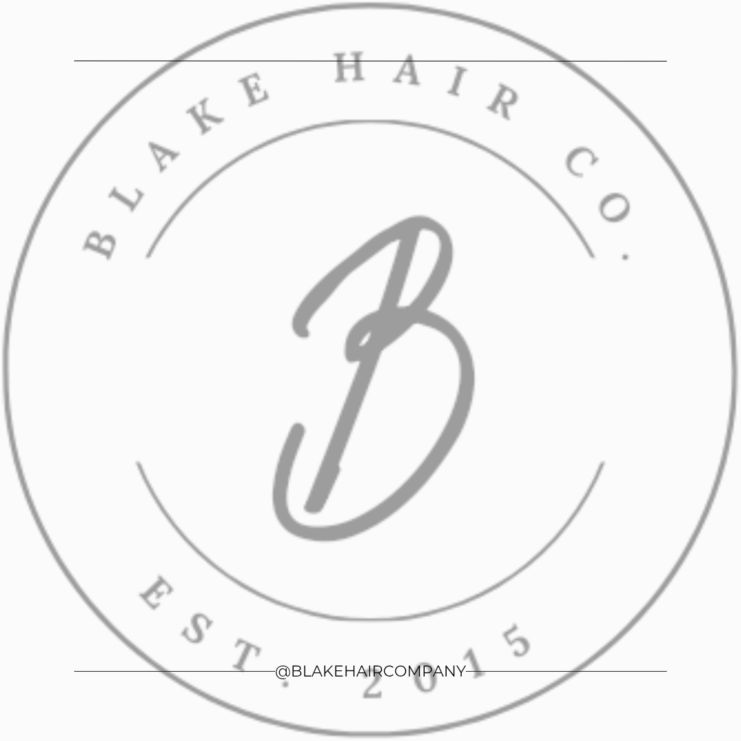 Logo with a large stylized letter B in the center, surrounded by text 'BLAKE HAIR CO.' and 'EST. 2015'.