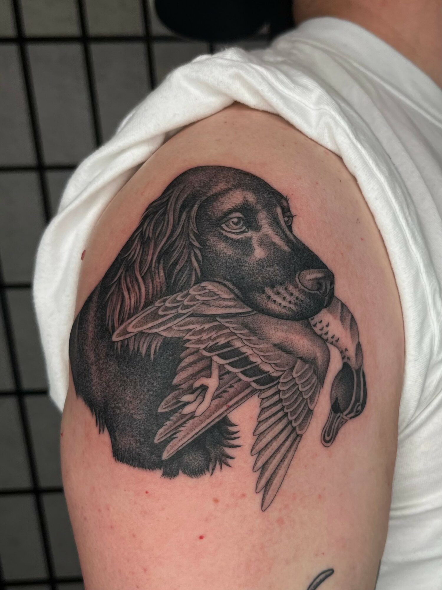 Tattoo of a dog with detailed fur, and a bird with outstretched wings, both in black ink on upper arm.