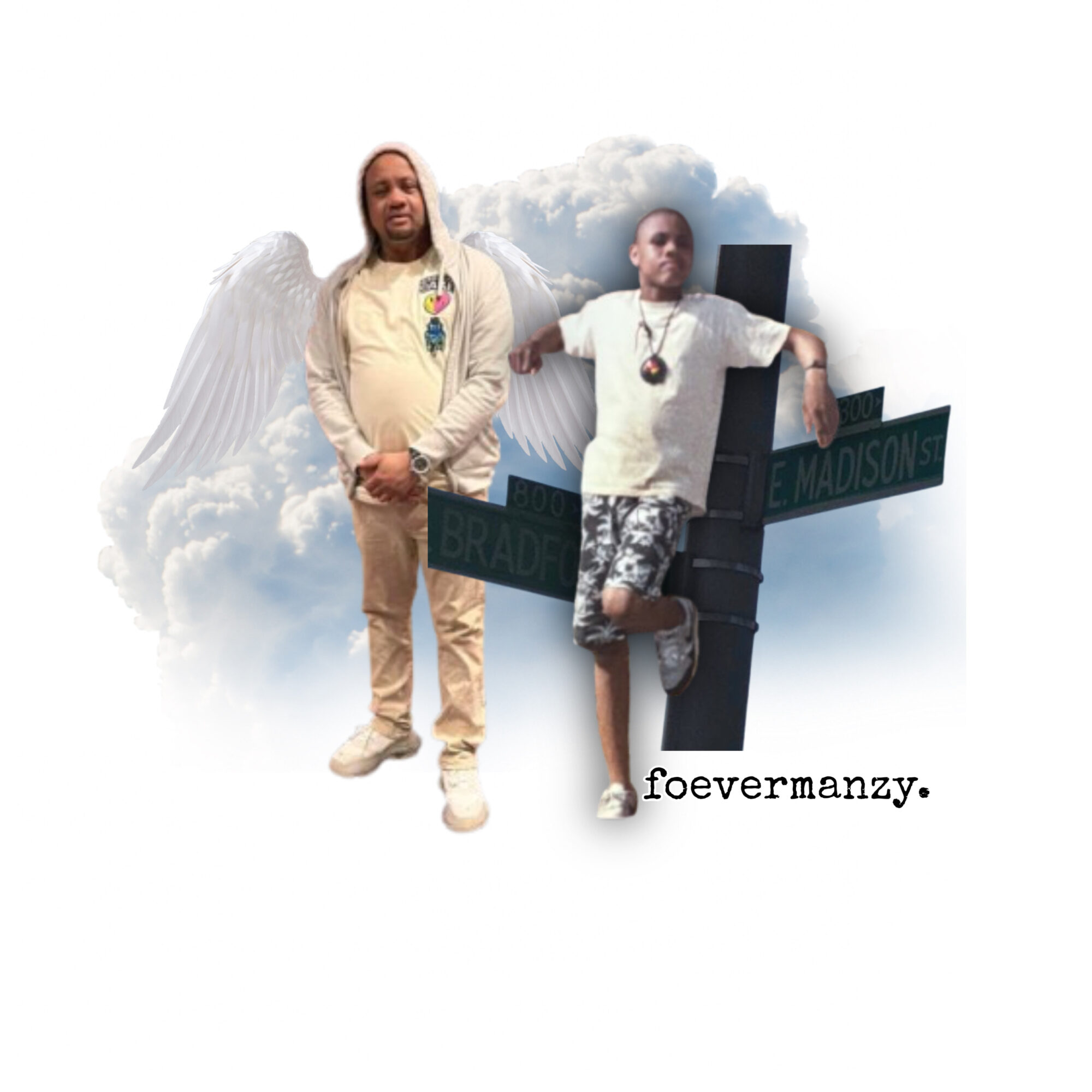 Two people stand in front of a cloud background with street signs, one with angel wings, the other with a necklace.