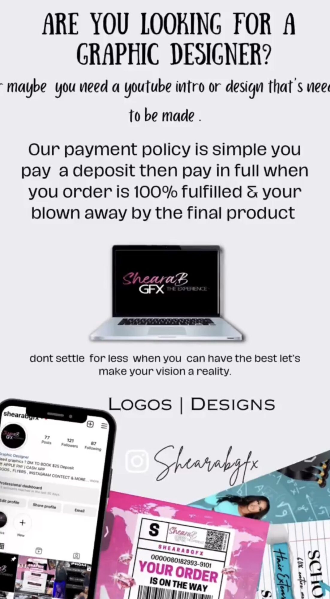 Text about graphic design, payment policy, and logo design, with images of a laptop and smartphone screens.