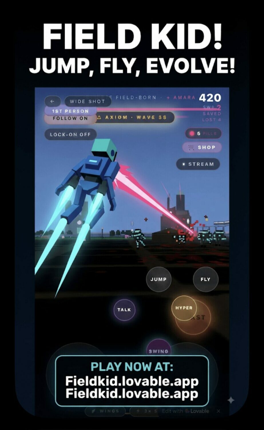 Mobile game screen showing a robot jumping with laser beams, with game title and play button, and a city background.
