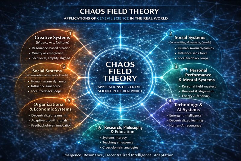 Diagram of chaos field theory with six interconnected systems: creative, social, organizational, research, personal, and technology, in a circular layout.