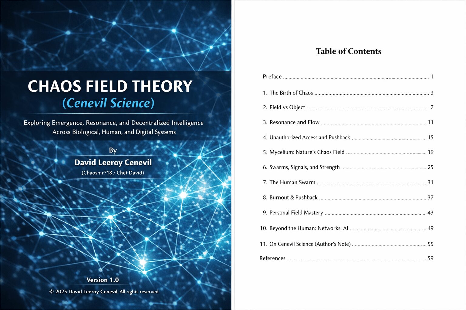 Book cover titled 'Chaos Field Theory' with a blue digital network background, author David Leeroy Cenevil, and version 1.0.