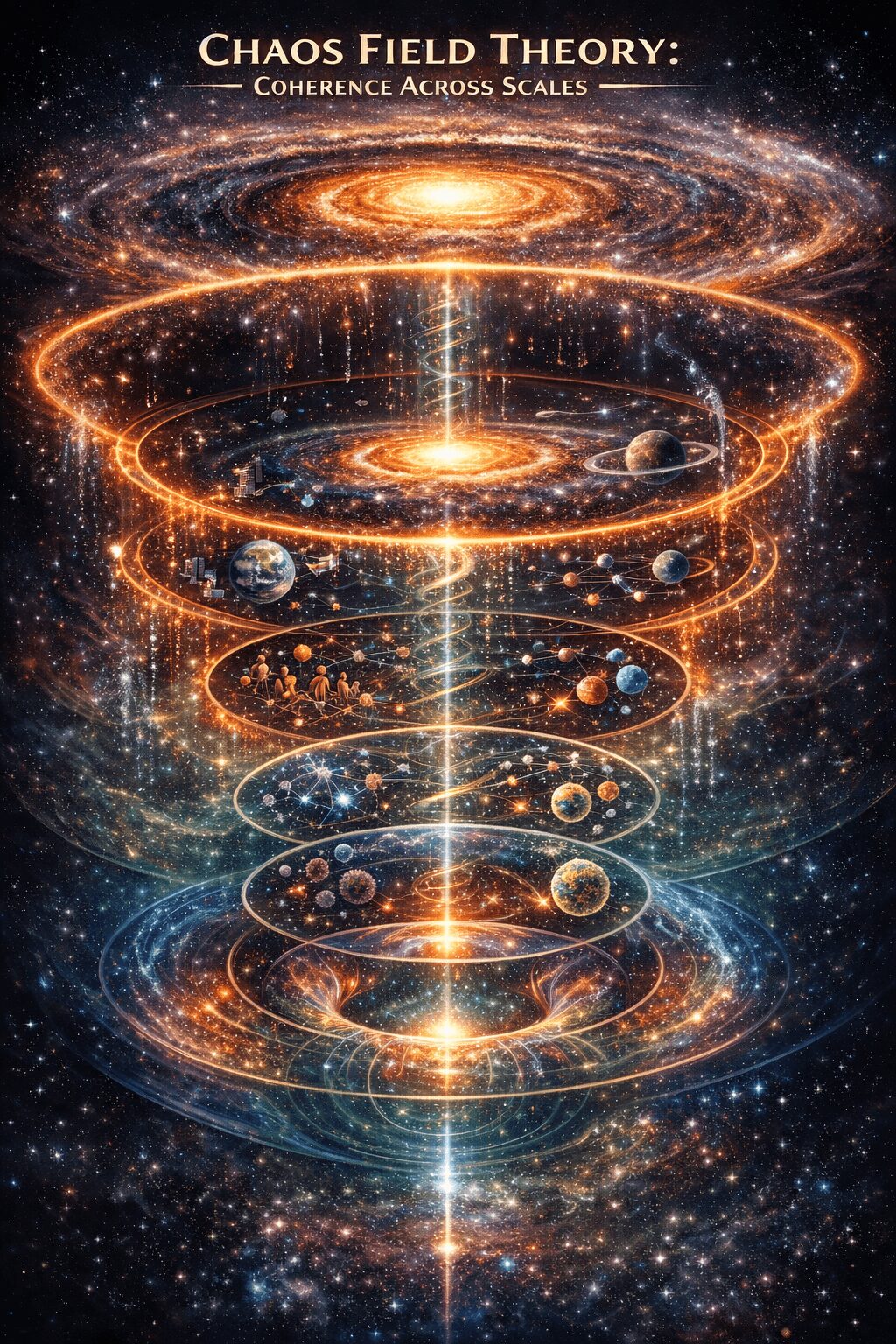 A cosmic illustration of a spiral galaxy with glowing rings and planets, representing chaos theory and cosmic scales.
