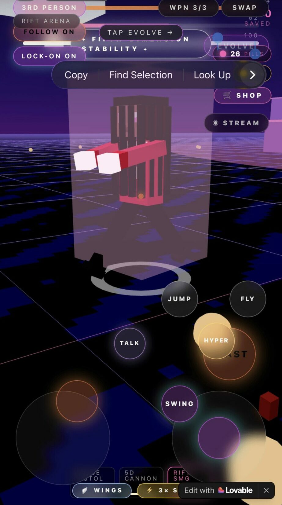 Mobile game interface with controls and a 3D object in a virtual environment, featuring buttons labeled jump, fly, talk, swing, and more.
