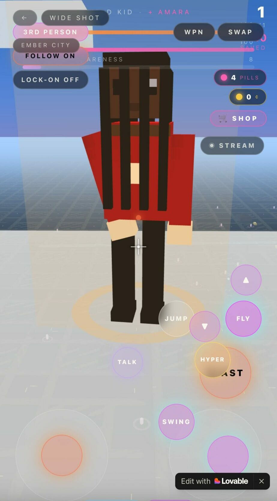 Pixelated character with long dark hair, red top, black pants, standing on a platform, background with sky and clouds.