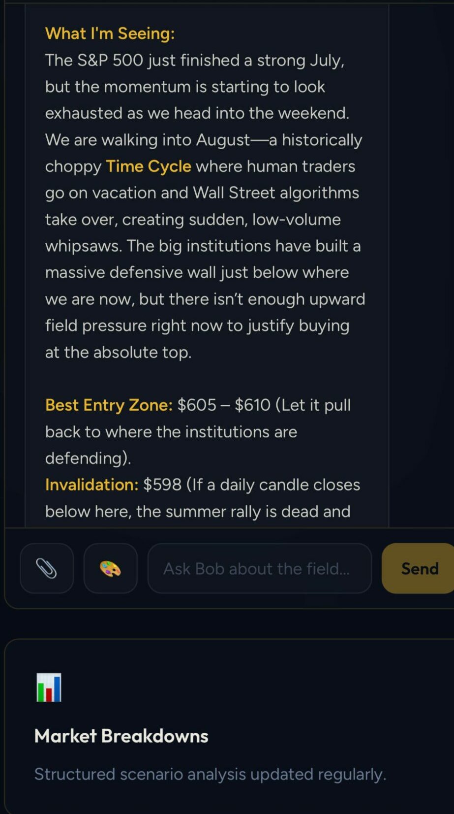 Screenshot of a financial news app with stock market updates and analysis, including the S&P 500 and Dow Jones indices.