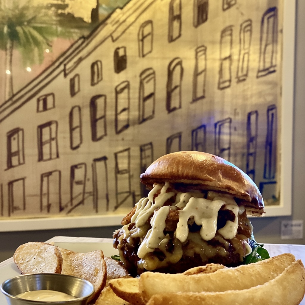 Close-up of a burger with melted cheese and a bun, with potato wedges and a small container of sauce on a plate, in front of a window with a building drawing.