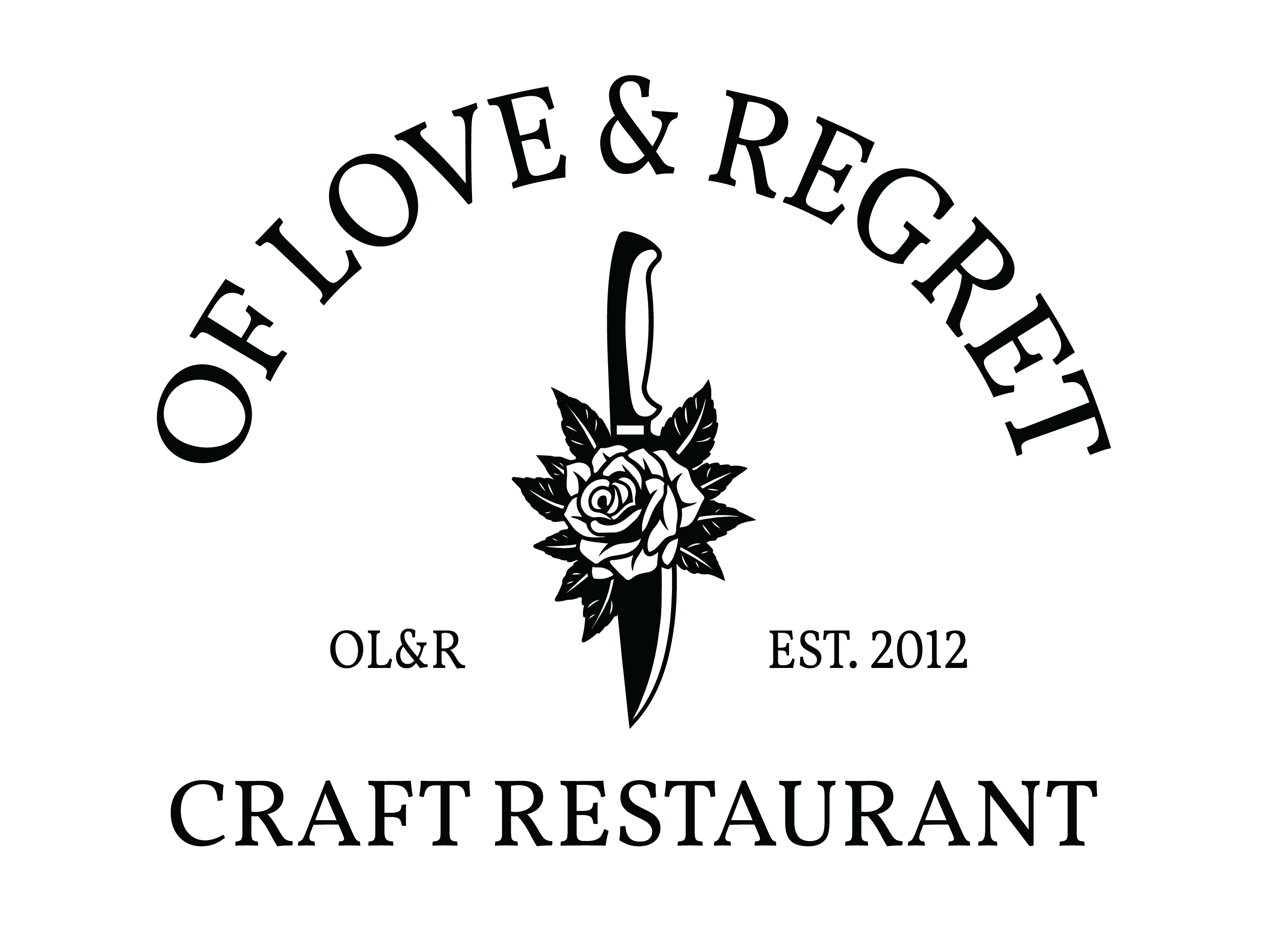 Black circular logo with a rose and knife, text reads 'Of Love & Regret' and 'Crafte Restaurant'.