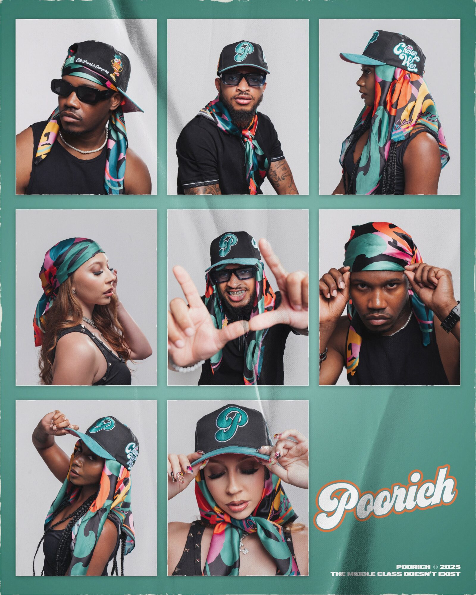 Nine people wearing colorful accessories and hats, posing in a grid, with a teal background and 'Pooieh' text.