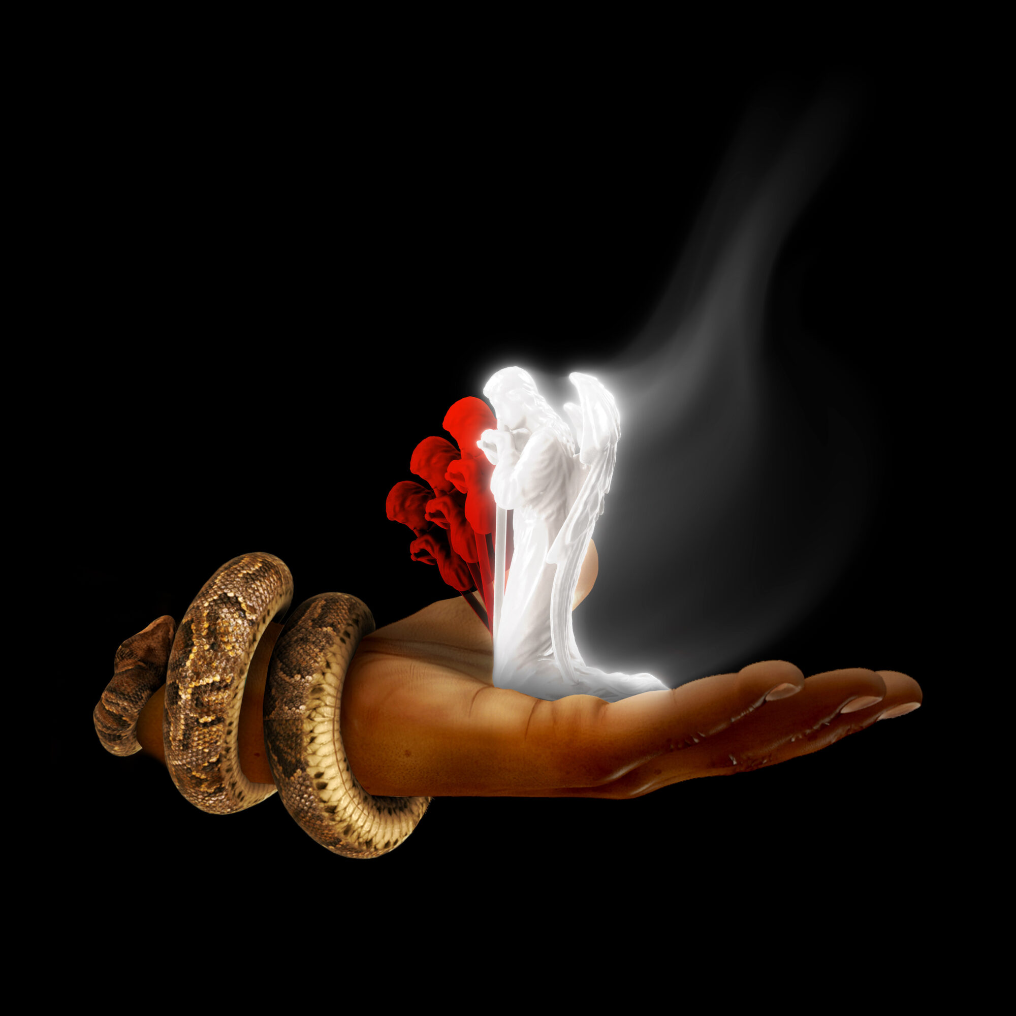 A hand with a snake coiled around it, emitting smoke against a black background.