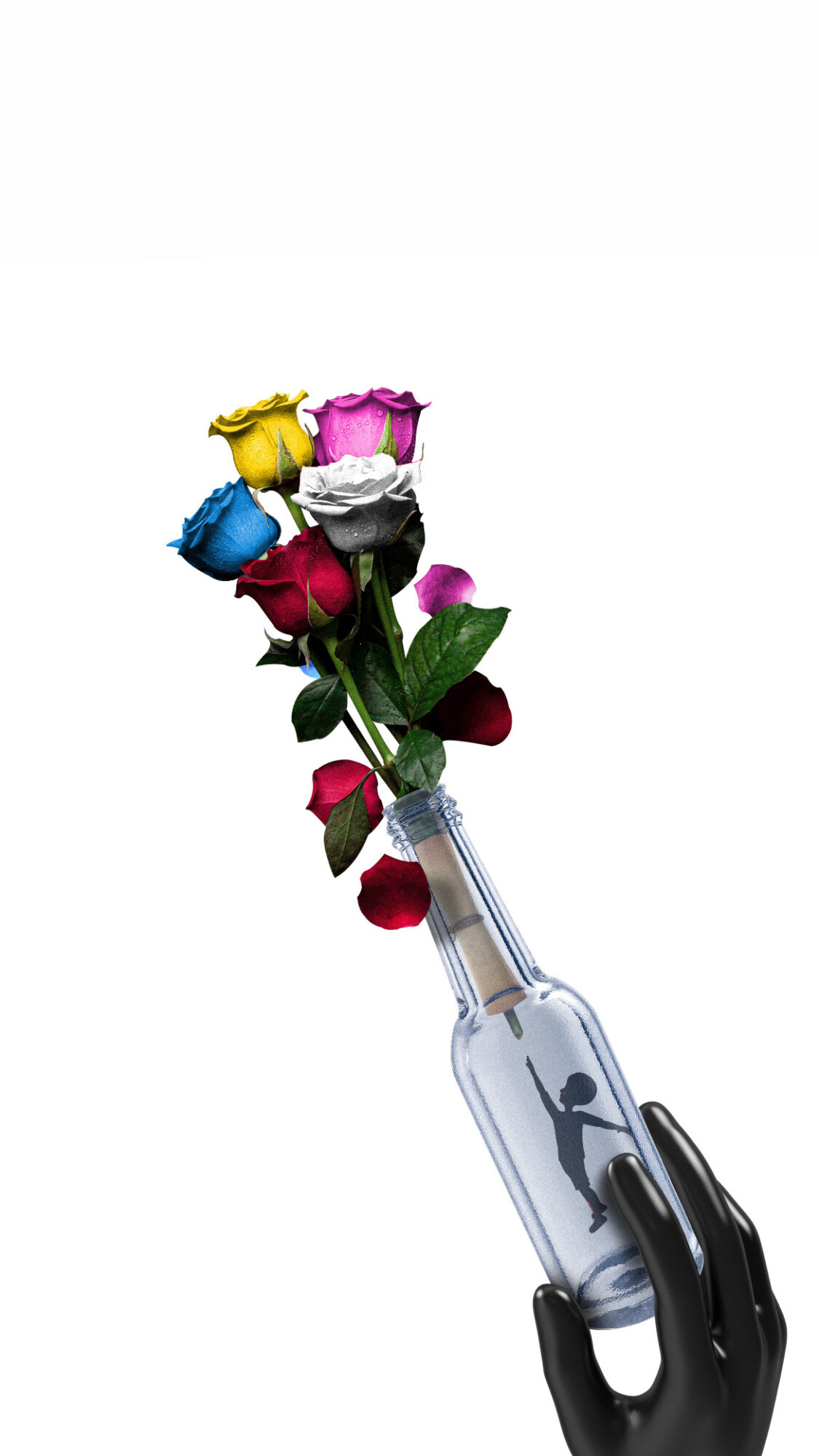 Hand holding a glass bottle with colorful roses inside, against a white background.
