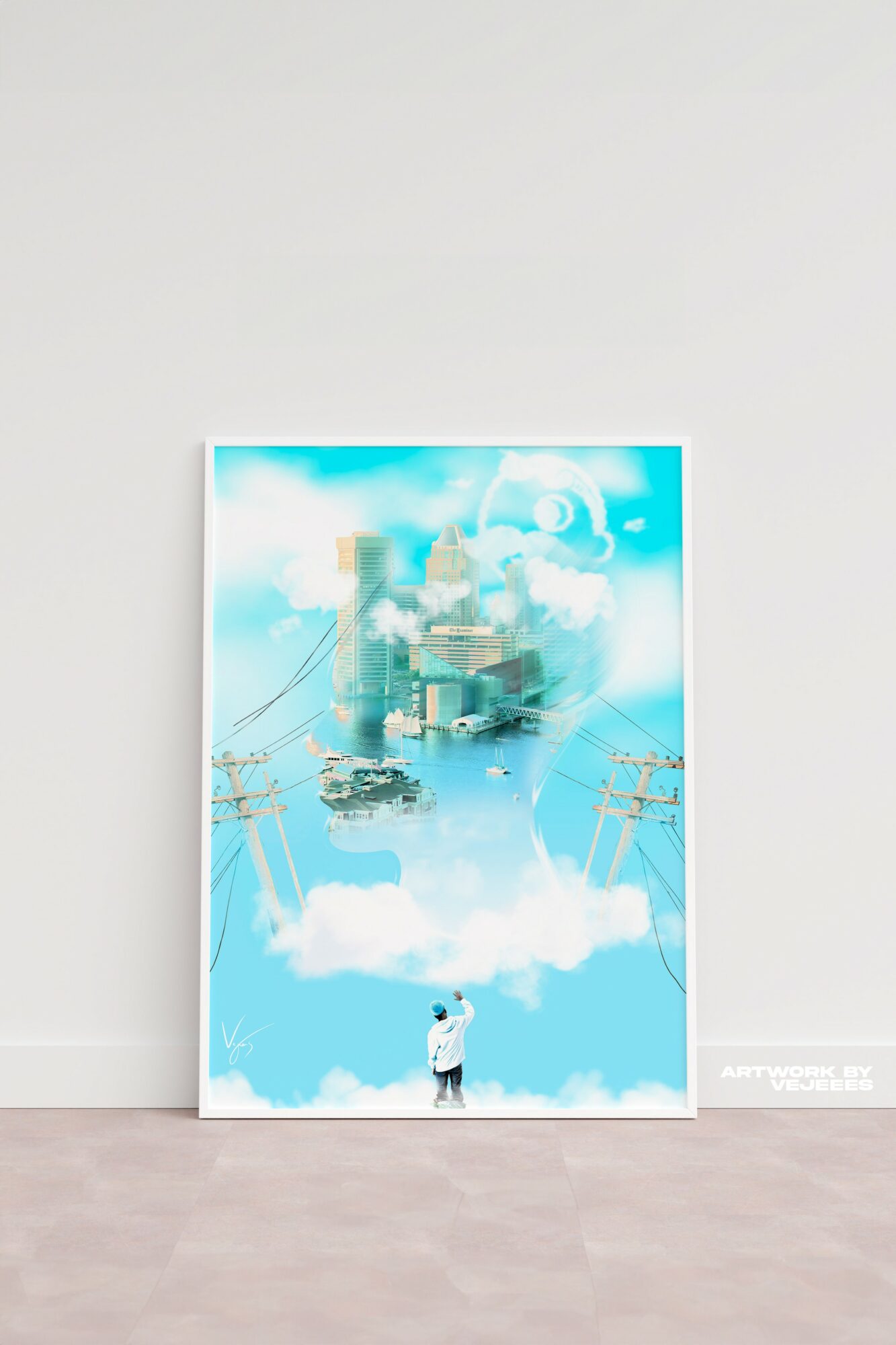 Poster with a person looking up at a sky filled with clouds, buildings, and power lines, blending surreal elements.