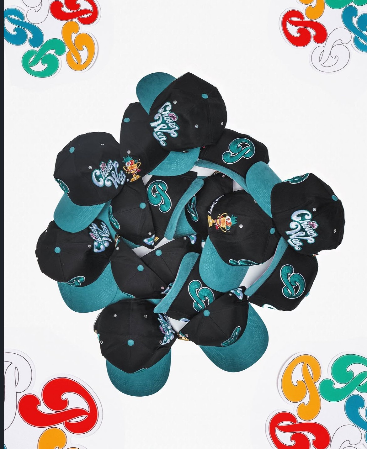 Cluster of black and teal caps with logos, arranged in a circular pattern on a white background.