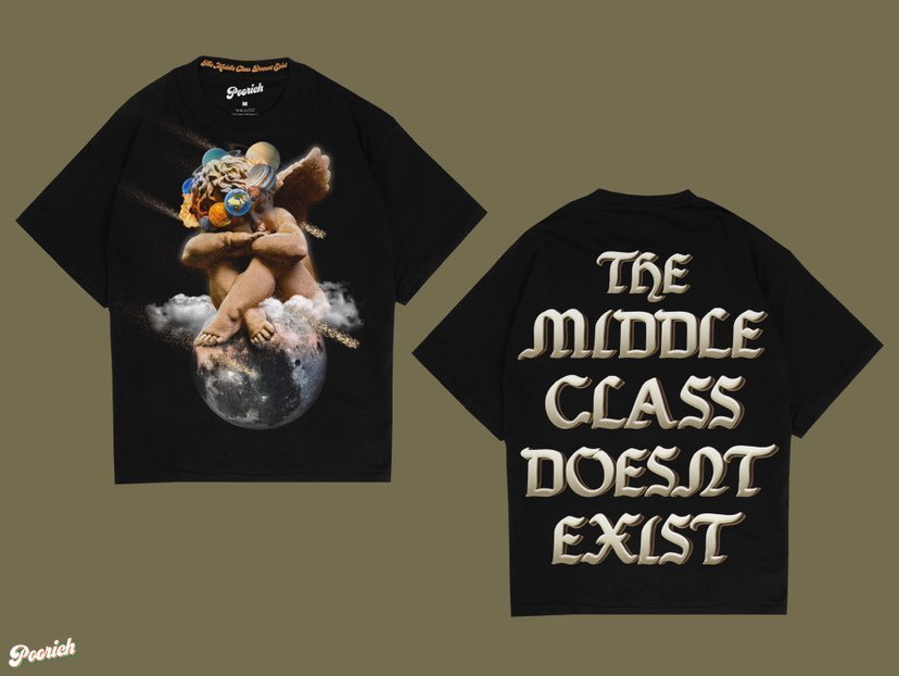 Black T-shirt with a graphic of a creature sitting on a moon, and text reading