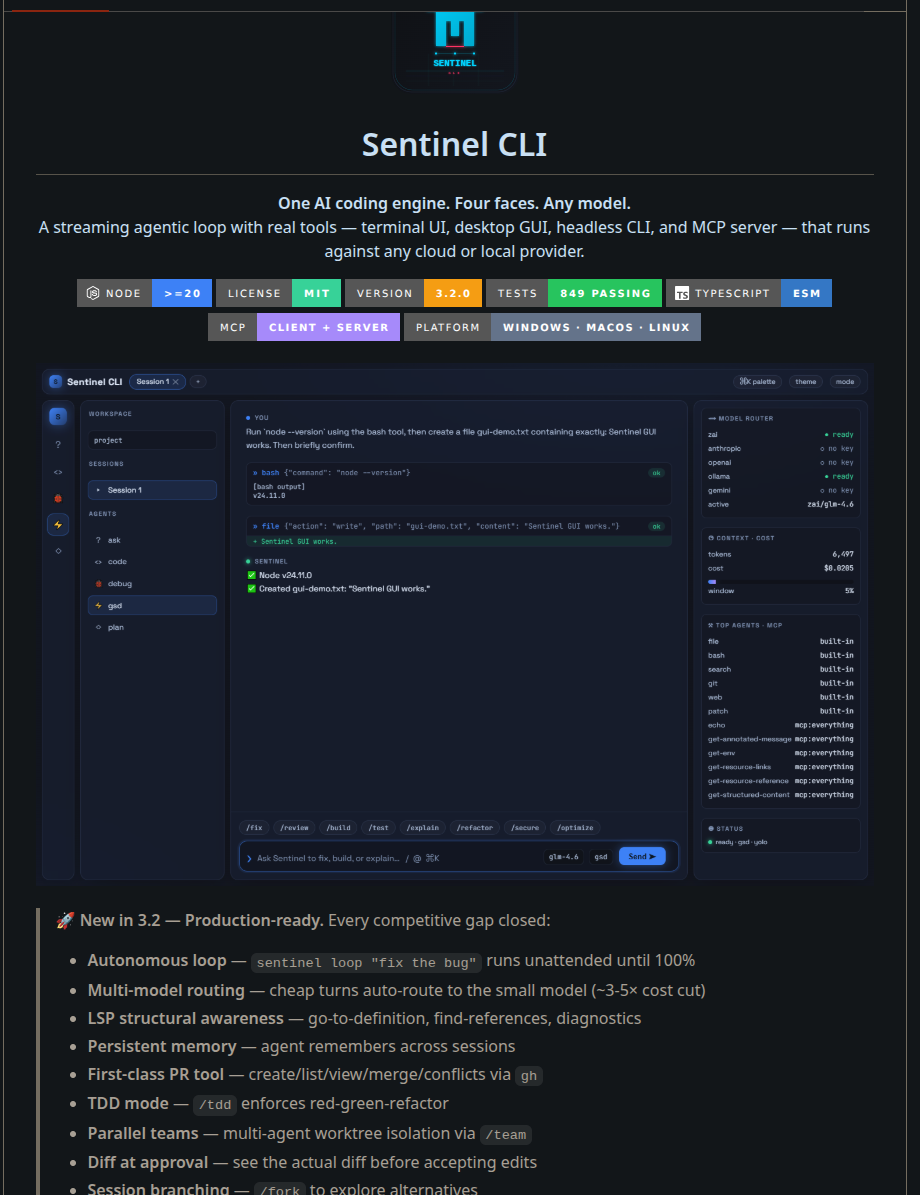 Screenshot of Sentinel CLI interface with dark background, showing command options and logs, with a header and colorful tabs.