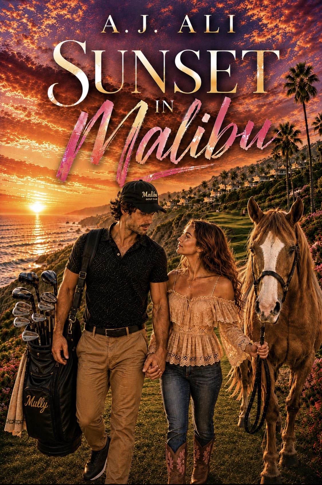 A man and woman walk with a horse along a sunset-lit coastline with palm trees in the background.