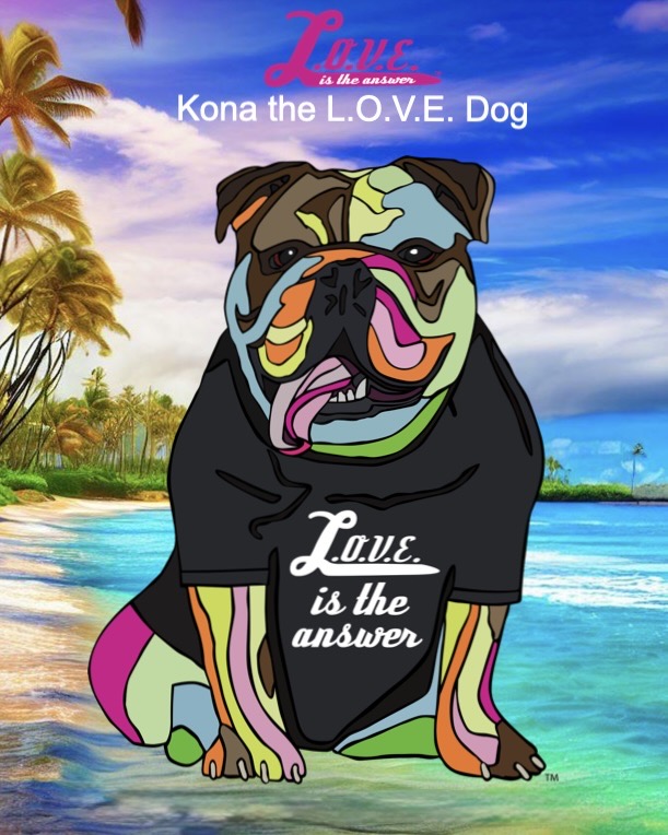 Colorful illustration of a dog wearing a black shirt with white text, sitting on a beach with palm trees and ocean in background.