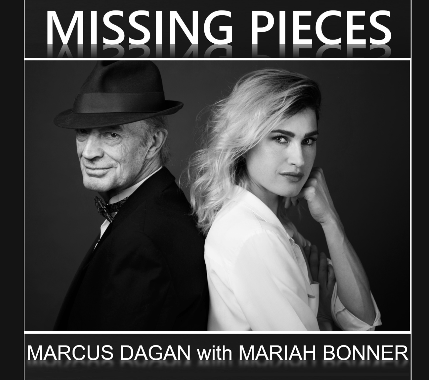 Black and white promotional image with two people, one older man and one young woman, with text about missing pieces.
