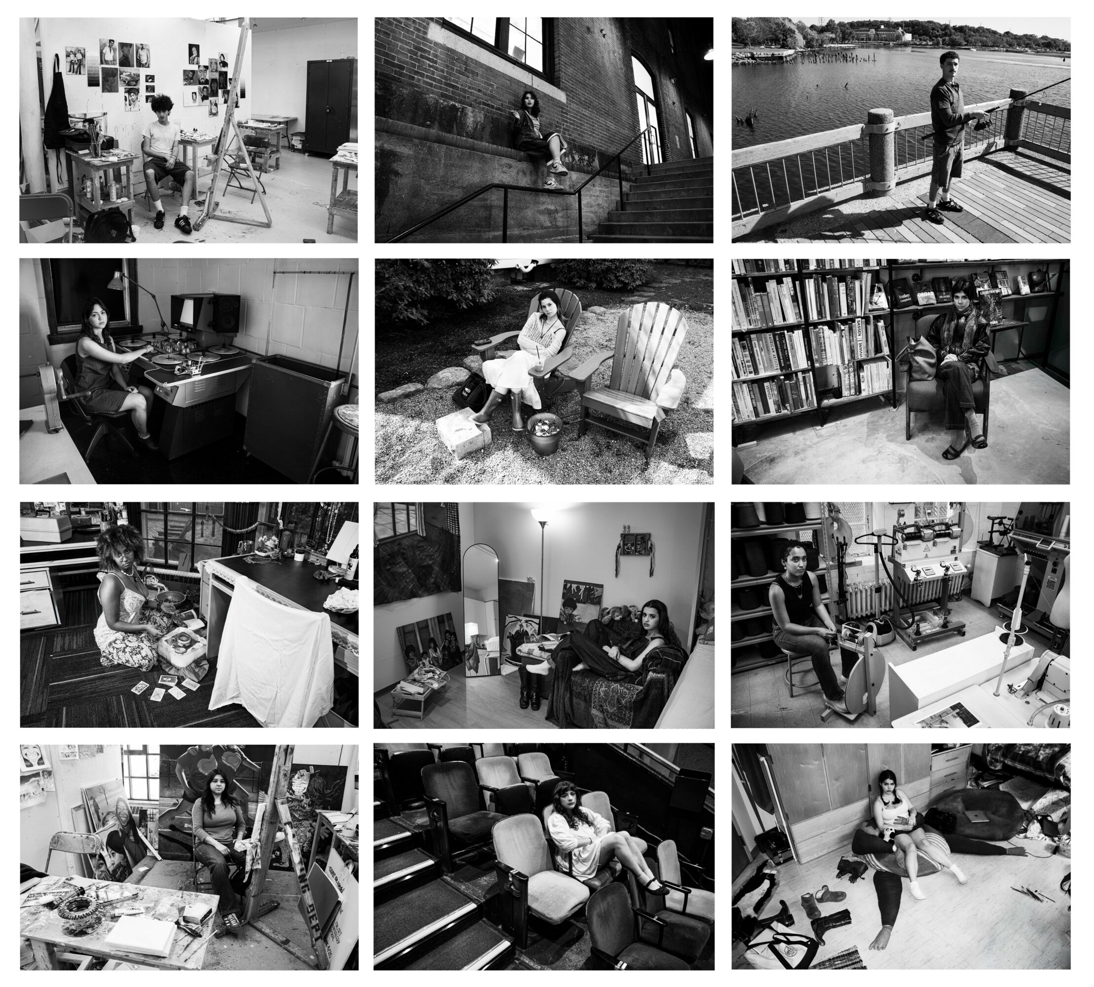 Collage of nine black-and-white photos showing people in various indoor and outdoor settings, including a library, park, and office.
