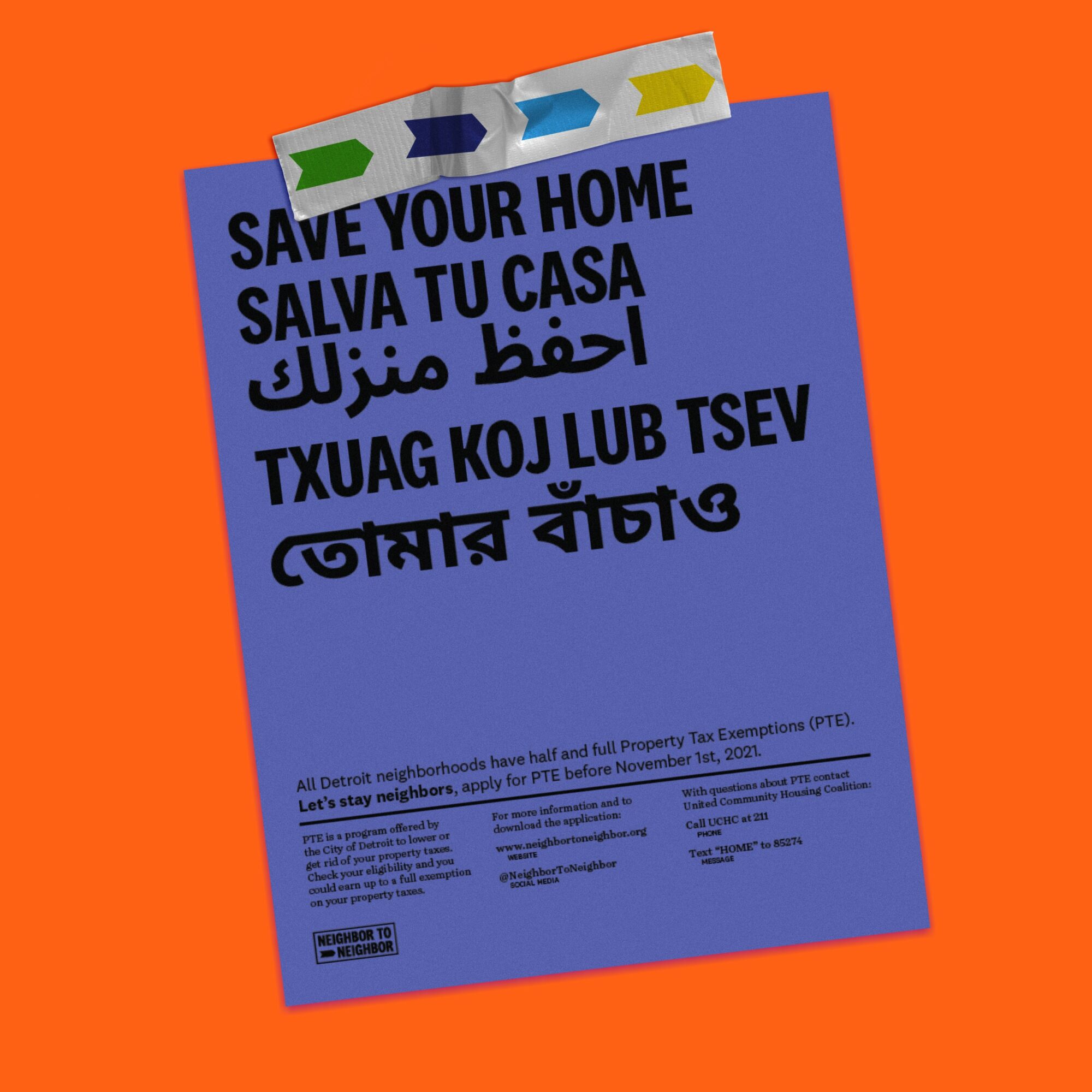 Blue flyer with multilingual message about saving homes, against an orange background, with colored arrows at the top.