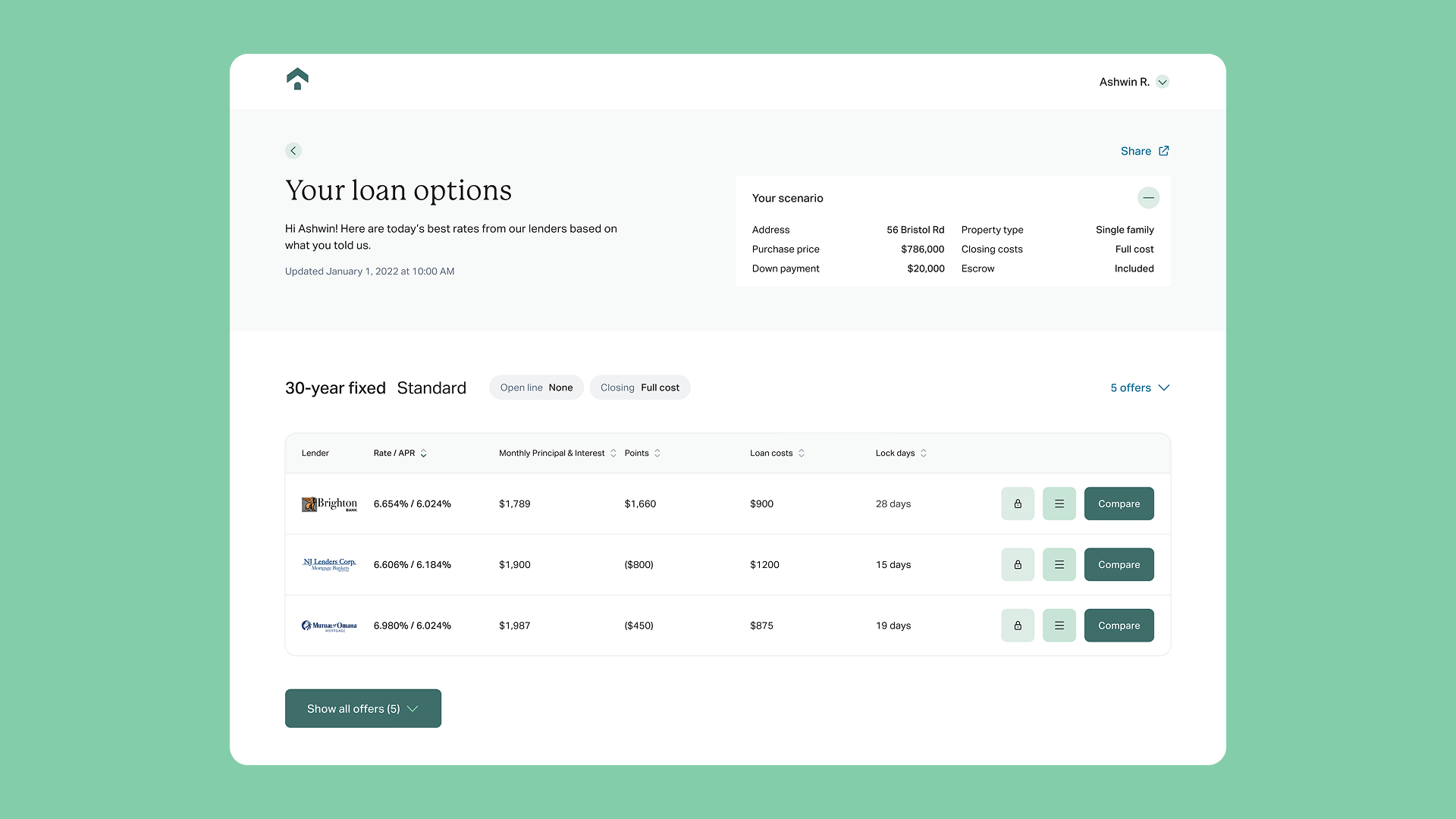 Screenshot of a loan options webpage showing a table with loan details and a green button at the bottom.