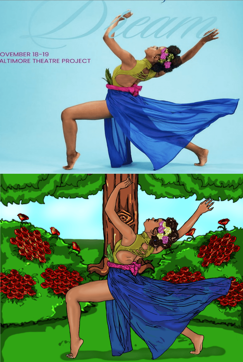Dancer in a blue skirt and floral top performing on stage, with a cartoon background of trees and flowers.
