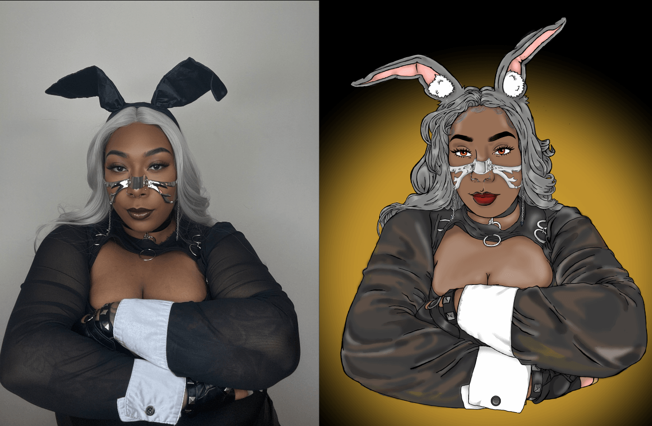 A person dressed as a bunny with black ears, white hair, and dark makeup, crossed arms, in a photo and cartoon side-by-side.