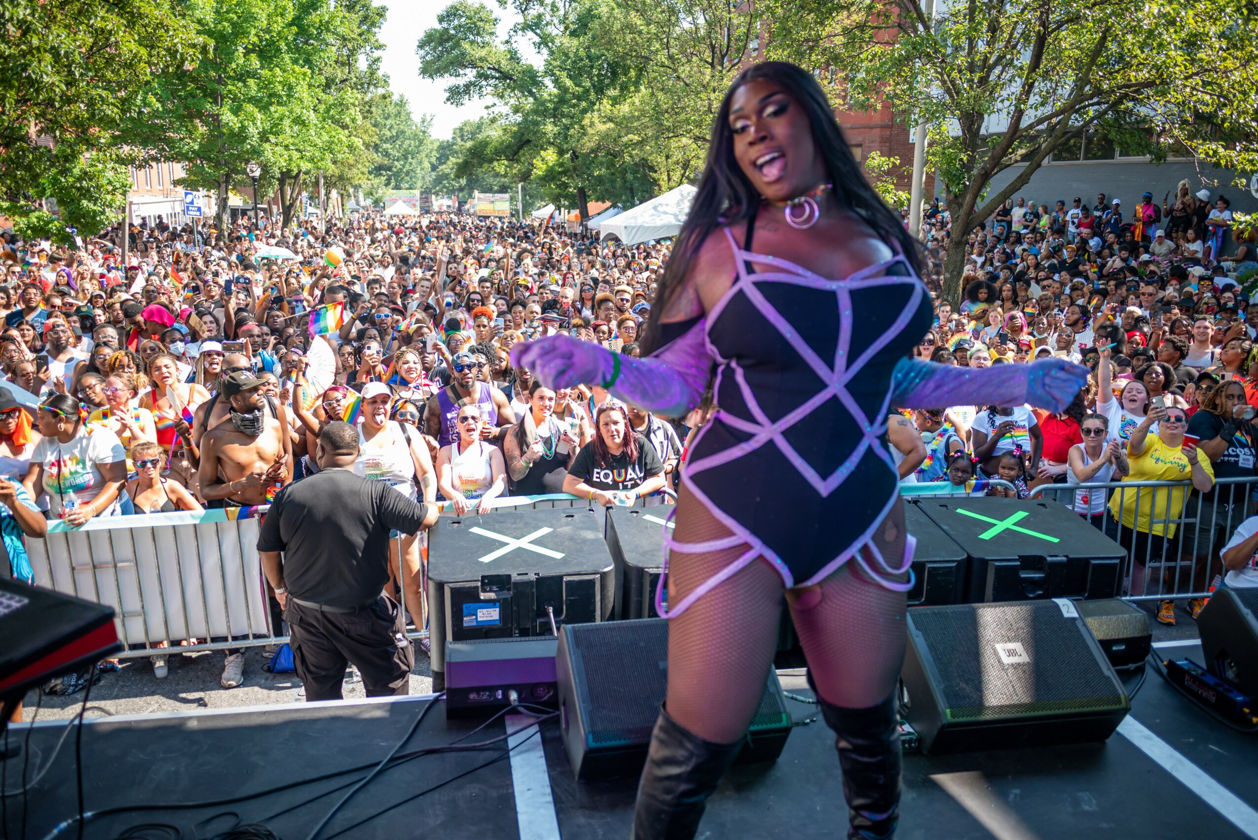 Performer on stage with a large crowd outdoors, trees in background, bright sunny day, performer smiling, wearing a purple and black outfit.