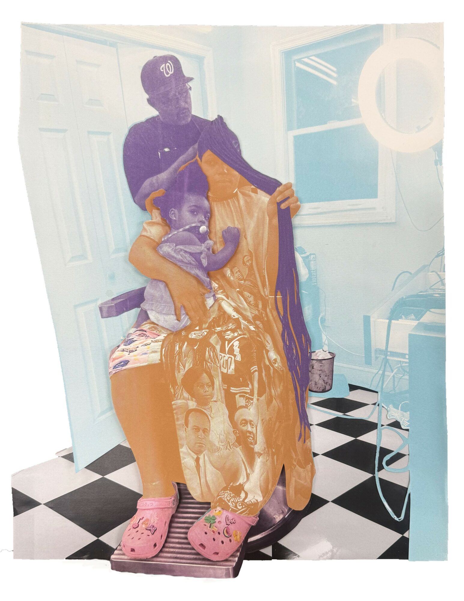 Two children, one in pink slippers, holding a large yellow blanket, in a room with black and white checkered floor.