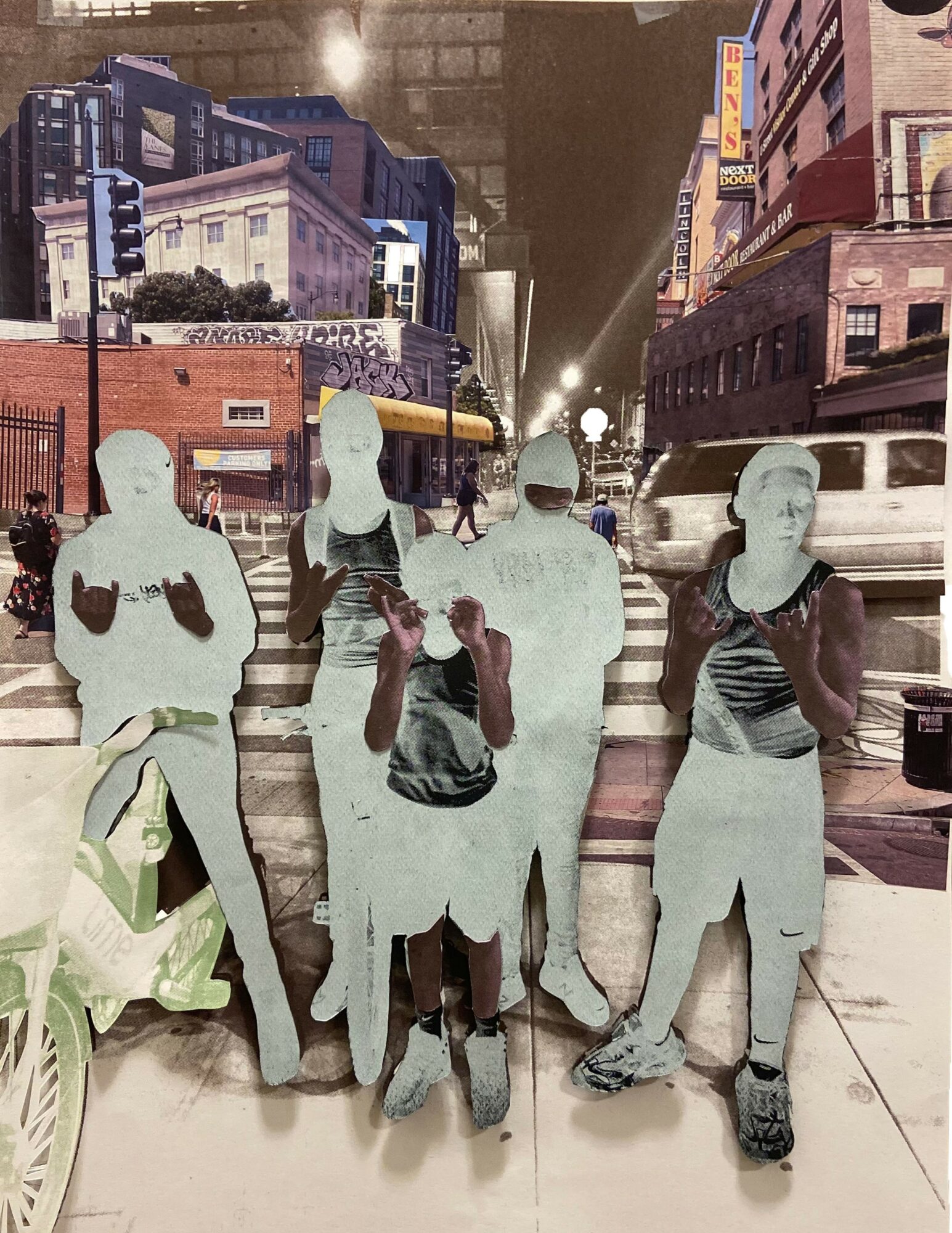 Four cutout figures of people standing on a city sidewalk at night, with buildings and streetlights in the background.