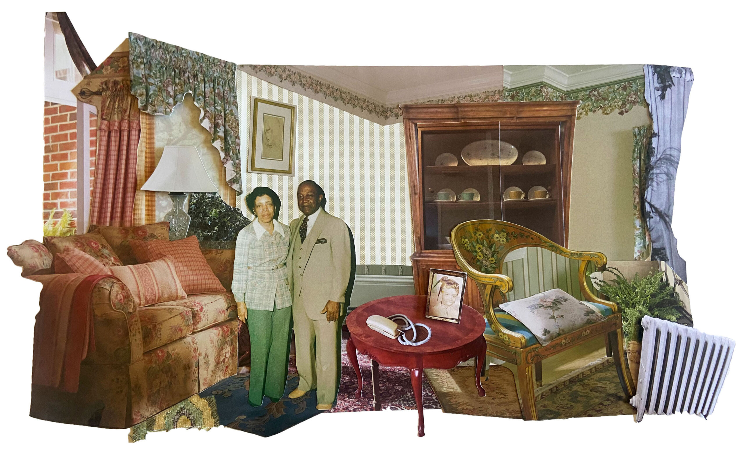 Two people stand in a living room with vintage furniture, a bookshelf, and decorative curtains.