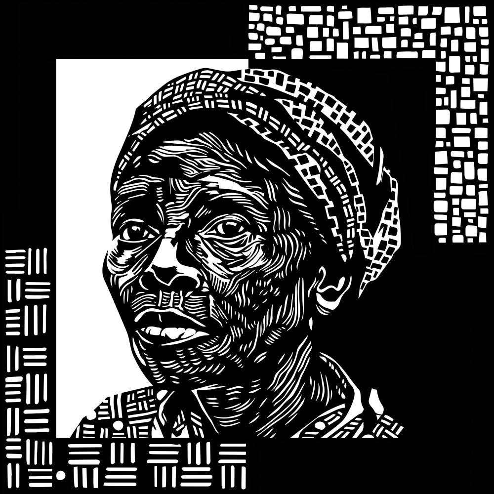 Black and white stylized portrait of an elderly woman wearing a headscarf, with intricate line patterns and geometric background elements.