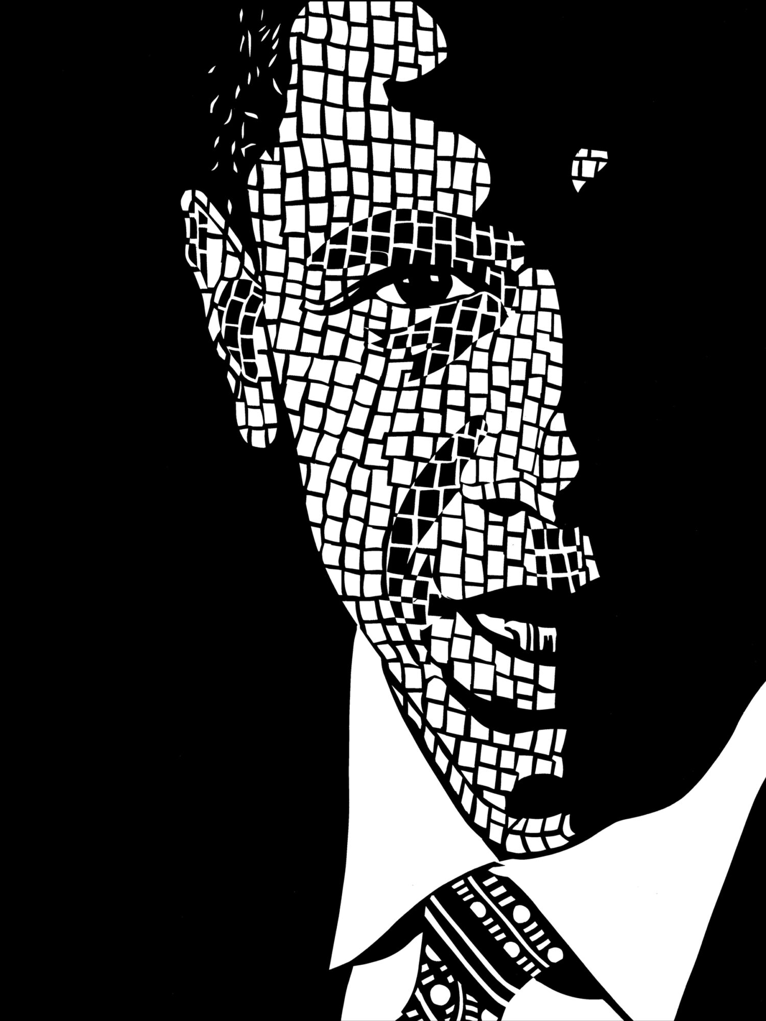 Black and white mosaic-style portrait of a smiling person with short hair, wearing a collared shirt and tie.