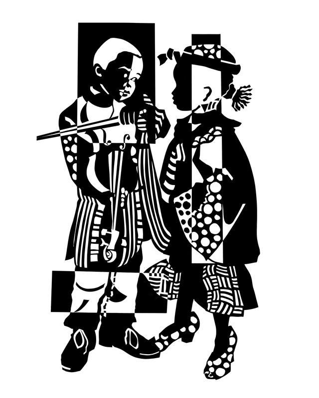 Two children in traditional clothing, one holding a stick, facing each other, with detailed patterns and accessories.
