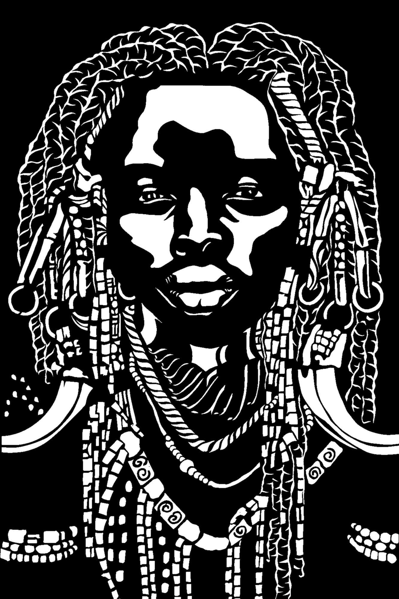 Black and white illustration of a person with braided hair and multiple necklaces, facing forward with a neutral expression.