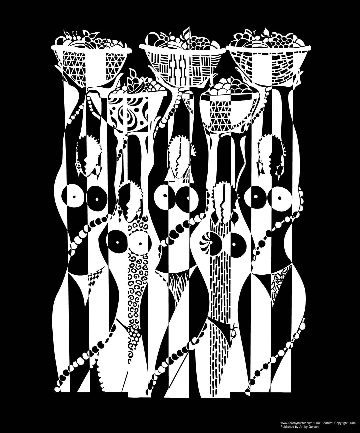 Black background with white abstract patterns resembling baskets and elongated shapes, intricate and detailed design.