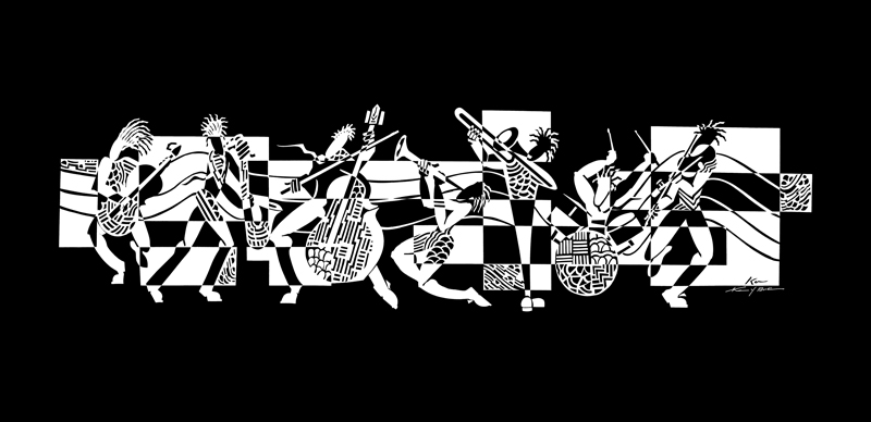 Seven musicians playing guitars and drums against a checkered background, in a stylized black and white illustration.