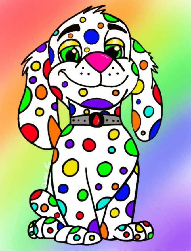 Colorful cartoon Dalmatian puppy with a pink nose and green eyes, sitting against a rainbow background.