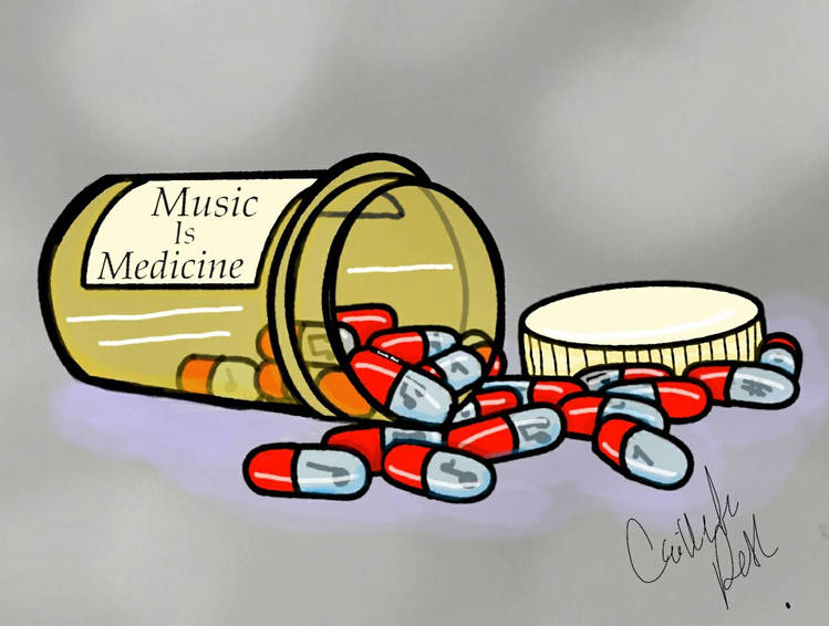 Pill bottle with spilled red and blue capsules and a white pill on a gray surface.