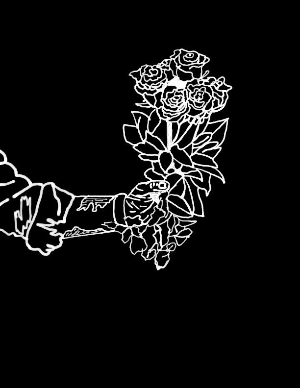 Outline of a hand holding a bouquet of roses against a black background.