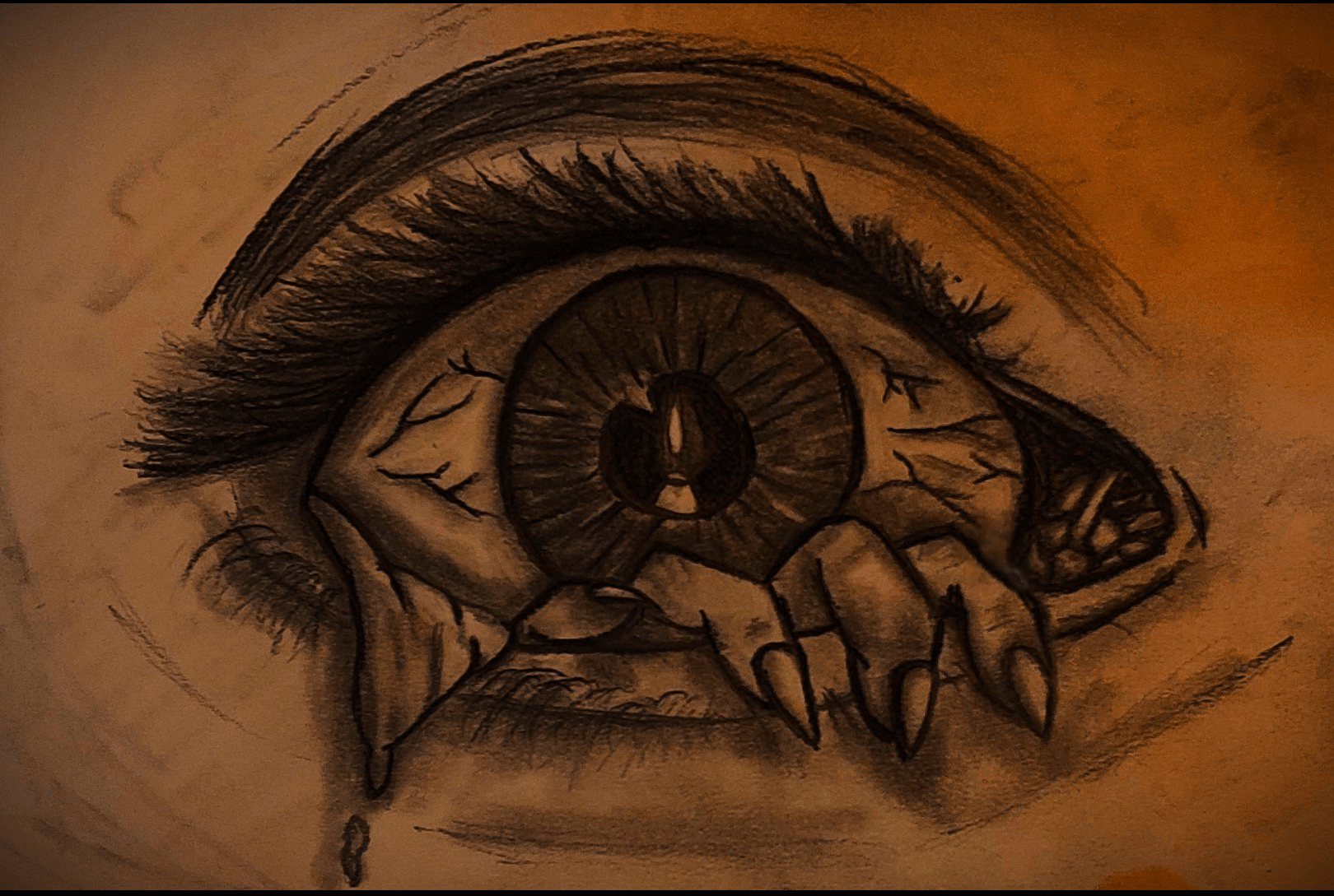 Detailed drawing of a human eye with a hand holding a key inside the iris, surrounded by dark shading.