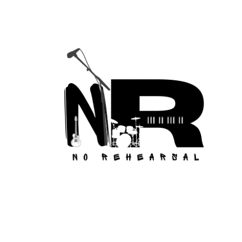 Logo with large letters N and R, a microphone, and the text 'NO REHEARSAL' below.
