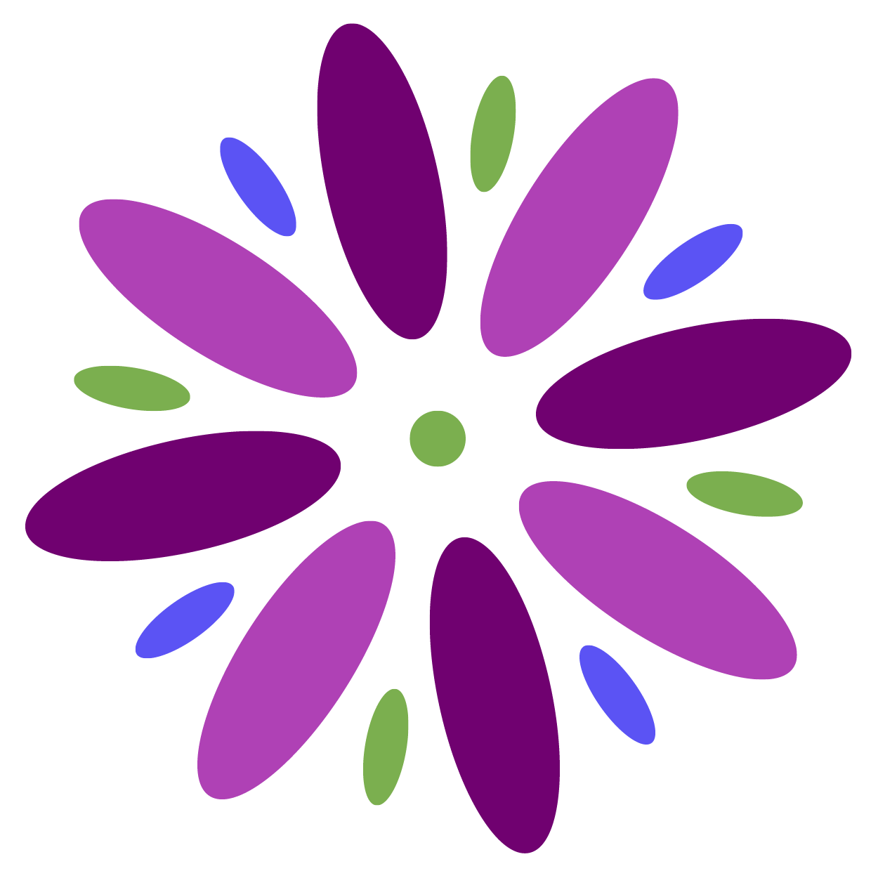 Colorful flower with purple, green, and blue petals on black background.