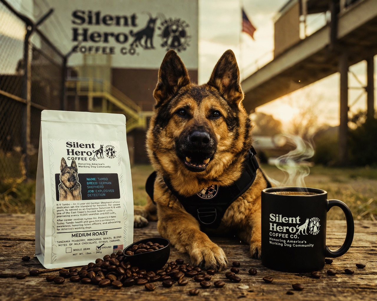 Dog sitting outdoors with coffee bag and mug, sunset background, sign reading 'Silent Hero Coffee Co.', ground covered with coffee beans.